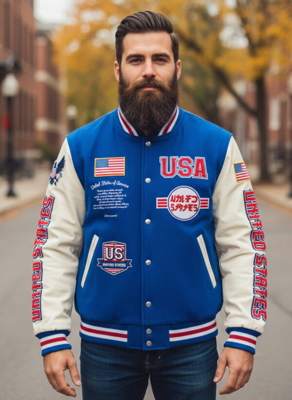 blue white letterman jacket